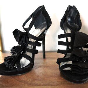 BCBG Paris Black Gladiator Ruffle Front Suede Platform Heels